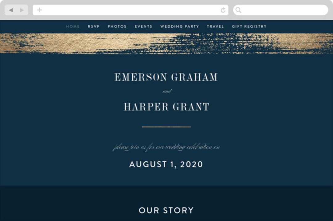 "Gold Leaf" - Wedding Website in Indigo by Kelly Schmidt - Desktop Design