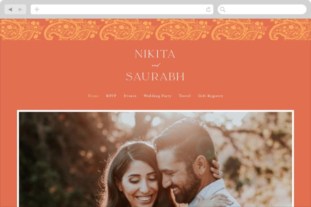 "Heritage Paisley" - Wedding Website in Tangerine by Kanika Mathur - Desktop Design