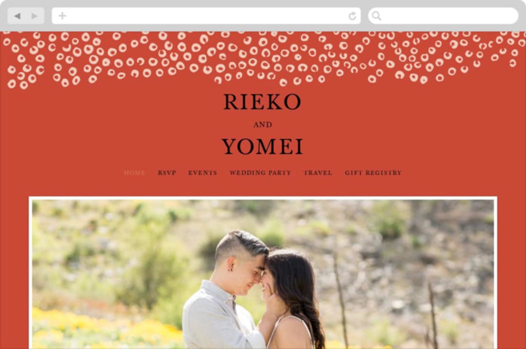 "Japanese Fabric" - Wedding Website in Persimmon by Becky Nimoy - Desktop Design