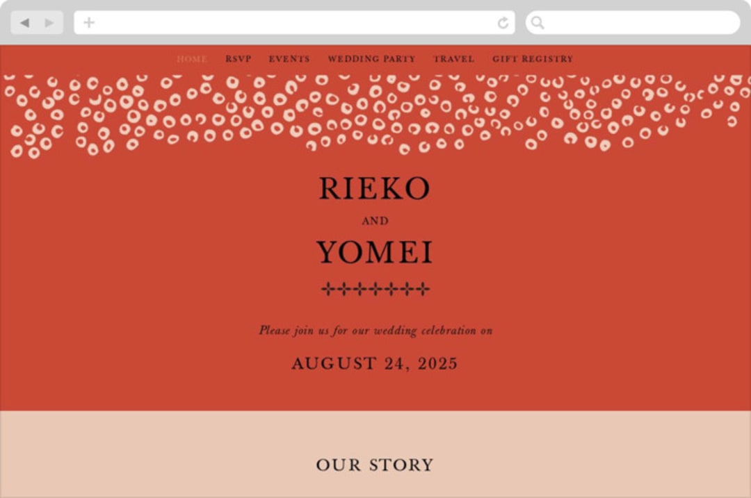 "Japanese Fabric" - Wedding Website in Persimmon by Becky Nimoy - Desktop Design