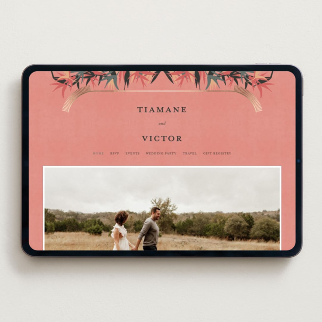 "Birds of Paradise" - Wedding Website in Coral by Julie Hebert - Desktop Design