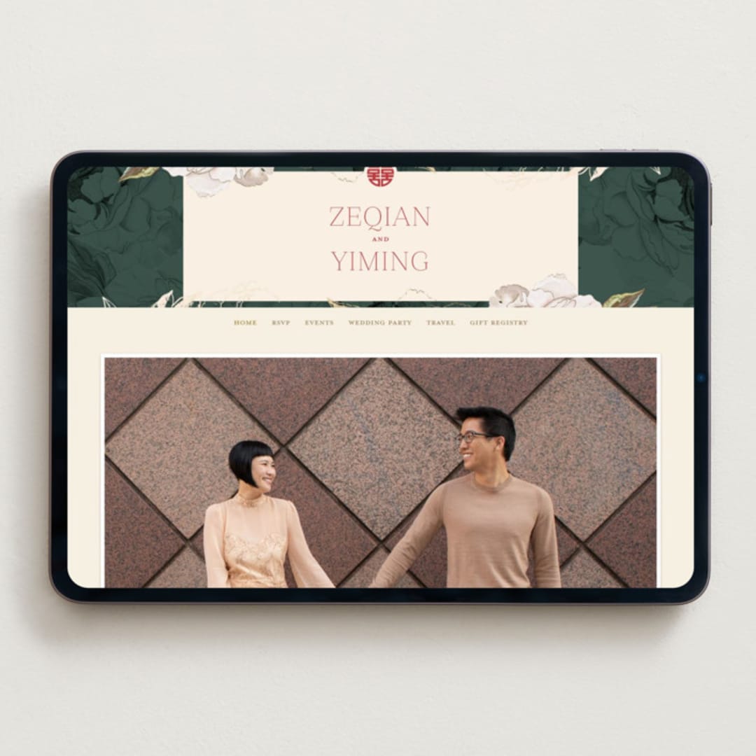 "Auspicious Peonies" - Wedding Website in Evergreen by fatfatin - Desktop Design