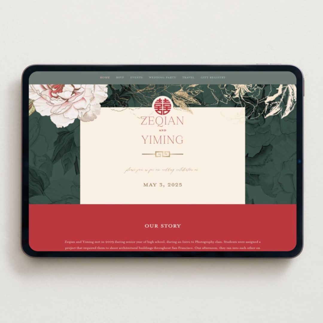 "Auspicious Peonies" - Wedding Website in Evergreen by fatfatin - Desktop Design