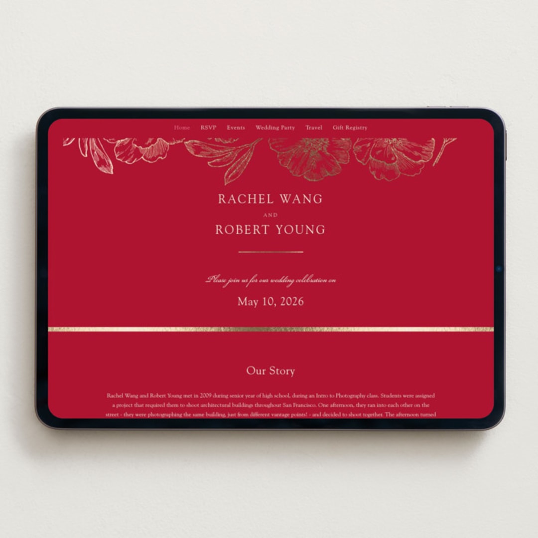 "Double Peony" - Wedding Website in Ruby by Janean Hinger - Desktop Design