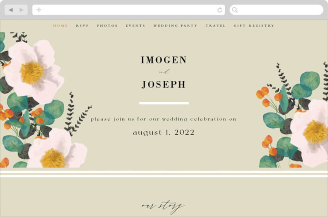 "Floral Splash" - Wedding Website in Wheat by Keen Peachy - Desktop Design