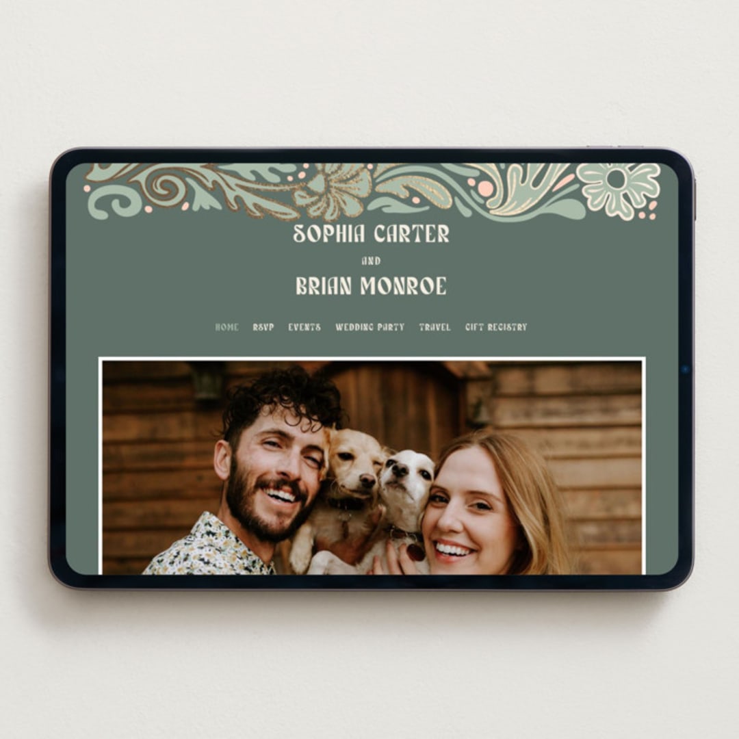 "Nouveau Frame" - Wedding Website in Sage by GeekInk Design - Desktop Design