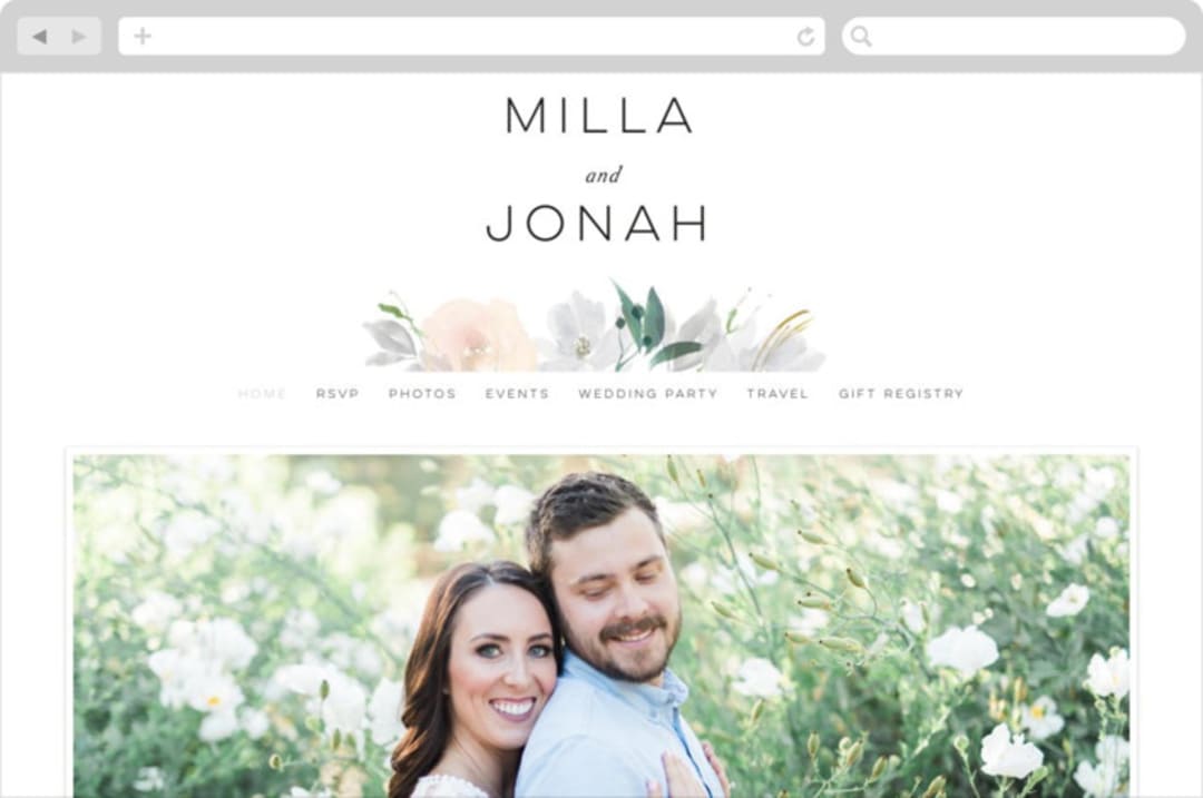 "Grande Botanique" - Wedding Website in Mist by Bonjour Paper - Desktop Design