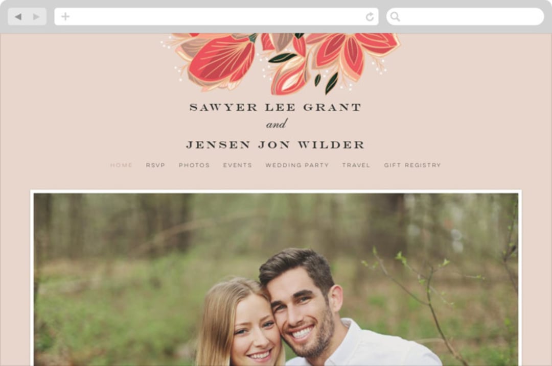 "Sawyer" - Wedding Website in Cloisonne by Melanie Kosuge - Desktop Design