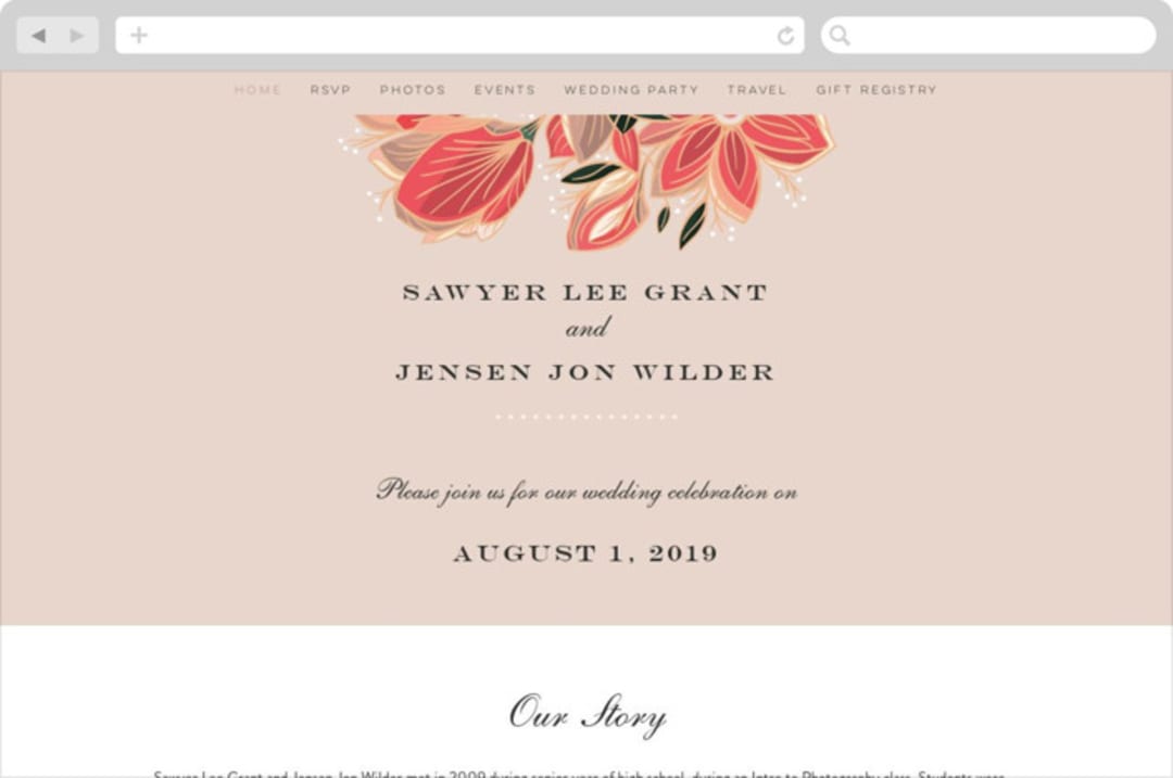 "Sawyer" - Wedding Website in Cloisonne by Melanie Kosuge - Desktop Design
