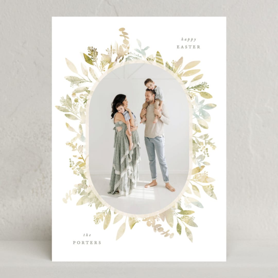 "Spring Wreath" - Easter Photo Cards in Chartreuse by Hooray Creative - Front