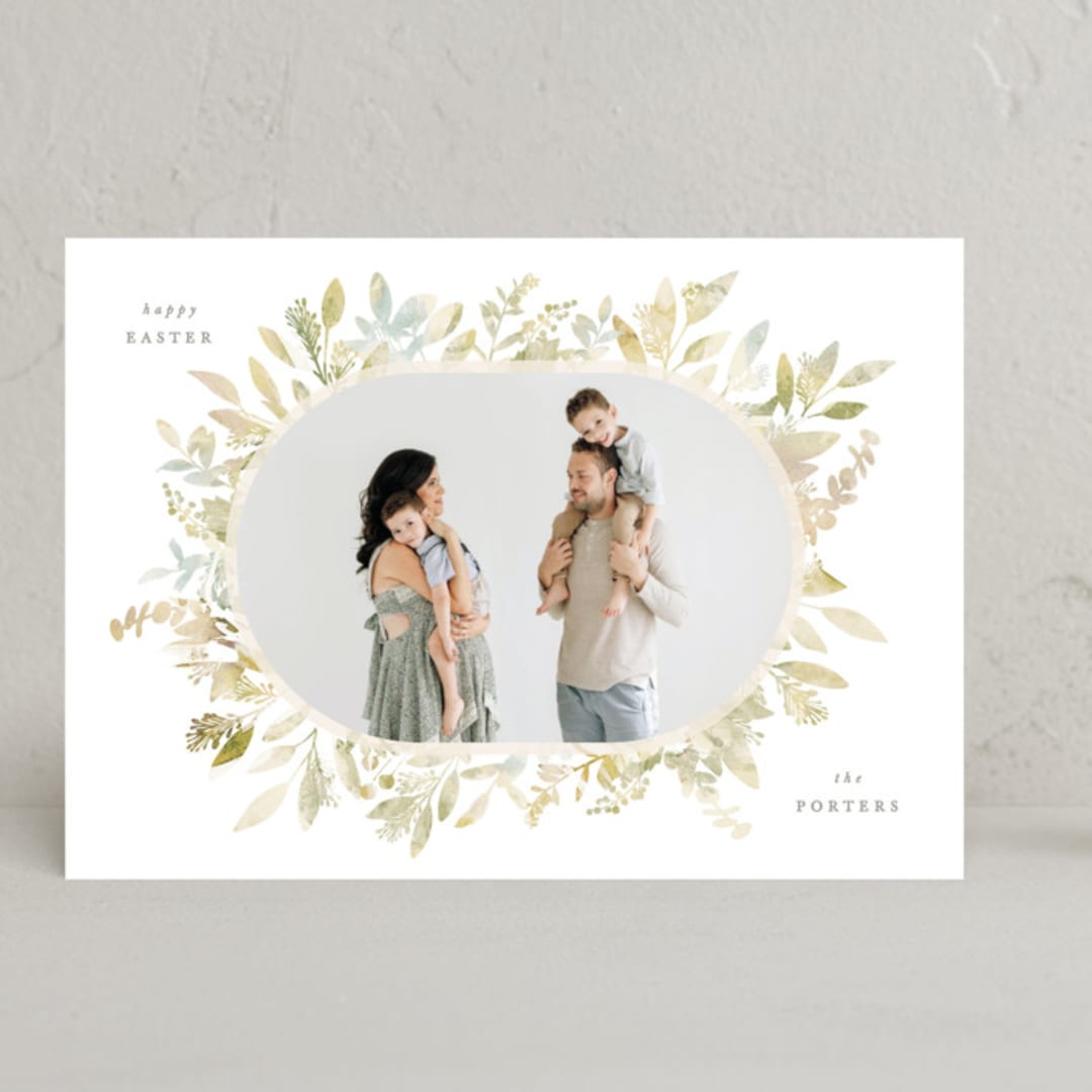"Spring Wreath" - Easter Photo Cards in Chartreuse by Hooray Creative - Front