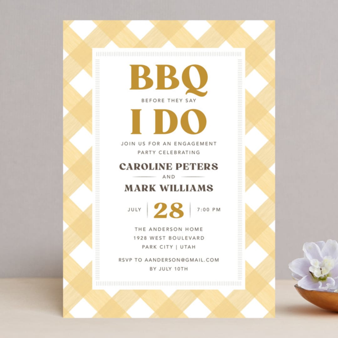 "BBQ before I Do" - Engagement Party Invitations in Honey by Robert and Stella - Front