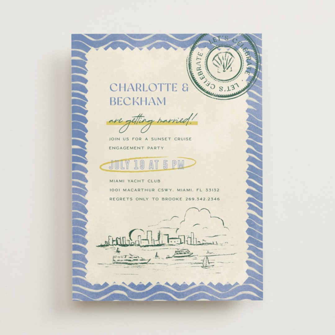 "Coastal Drift" - Engagement Party Invitations in Caribbean Citrus by Pixel and Hank - Front