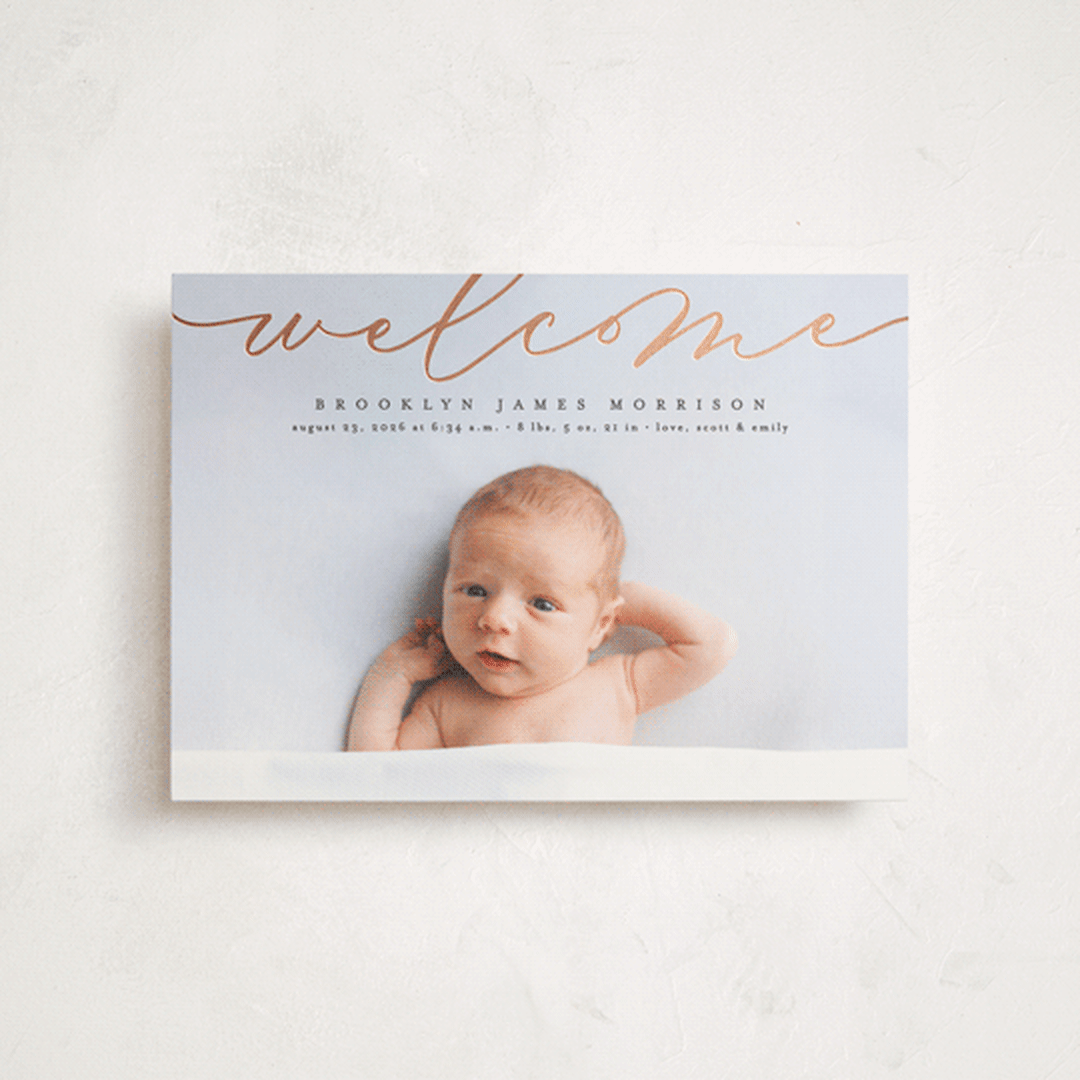 "Welcome Ribbon" - Birth Announcements in Charcoal by Erica Krystek - Front