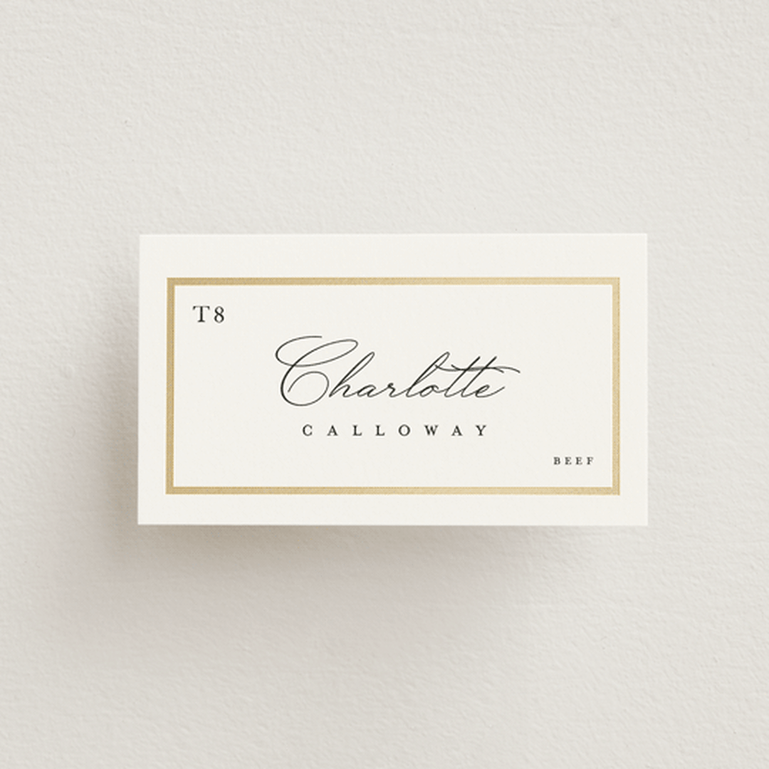"Regal Frame" - Foil-Pressed Place Cards - Beef in Ivory by Lucrecia Caporale - Front with Free Guest Printing