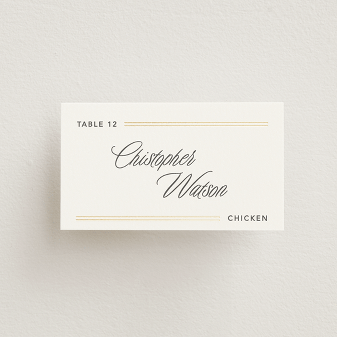 "Formal lines" - Foil-Pressed Place Cards - Chicken in Quartz by Creo Study - Front with Free Guest Printing