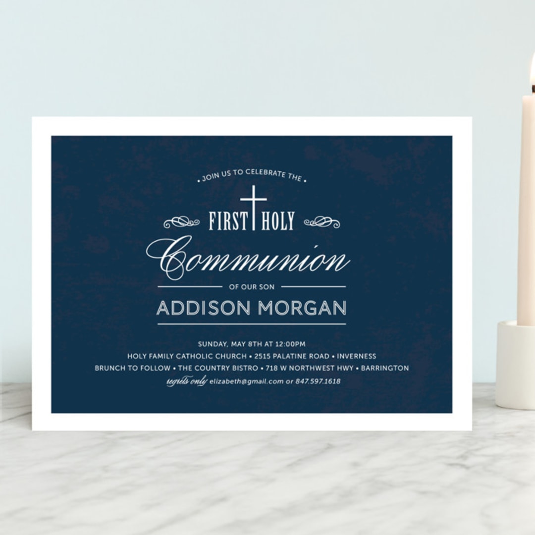 "Stately Cross" - First Holy Communion Invitations in Navy by Beth Schneider - Front