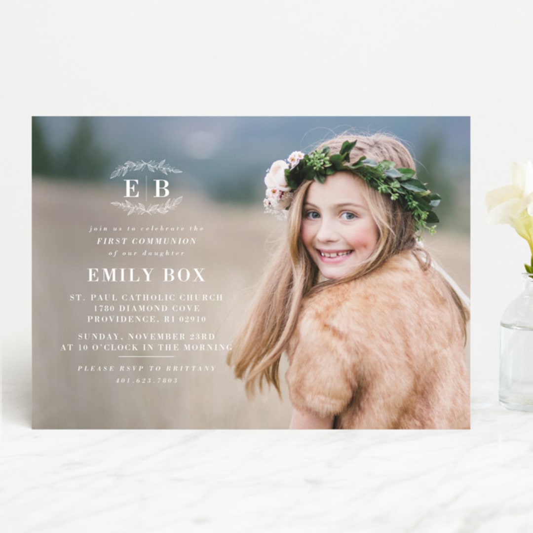 "Modern Leaves" - First Holy Communion Invitations in Vanilla by Allison Massingill - Front