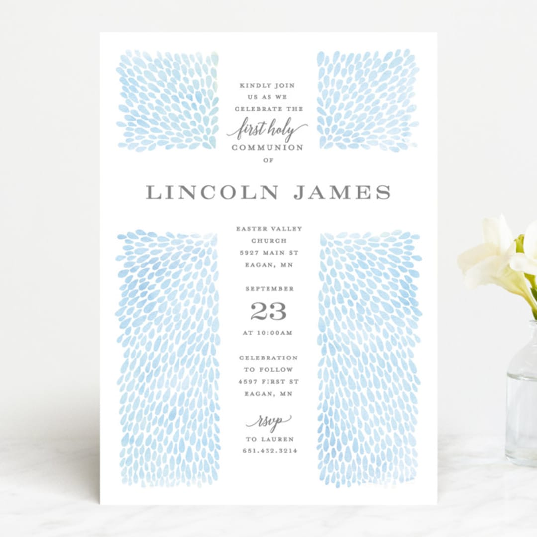"Water drops" - First Holy Communion Invitations in Powder Blue by Michelle Taylor - Front