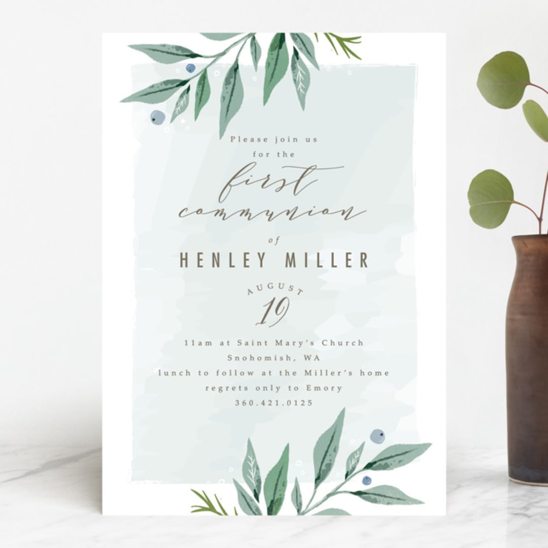 "soft branches" - First Holy Communion Invitations in Sea Breeze by Karidy Walker - Front