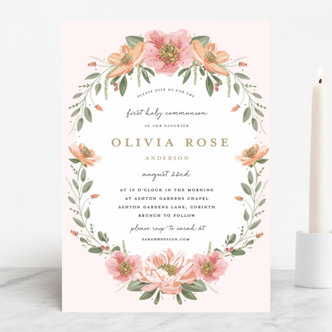 "Garden Celebration" - First Holy Communion Invitations in Blush by Susan Moyal - Front