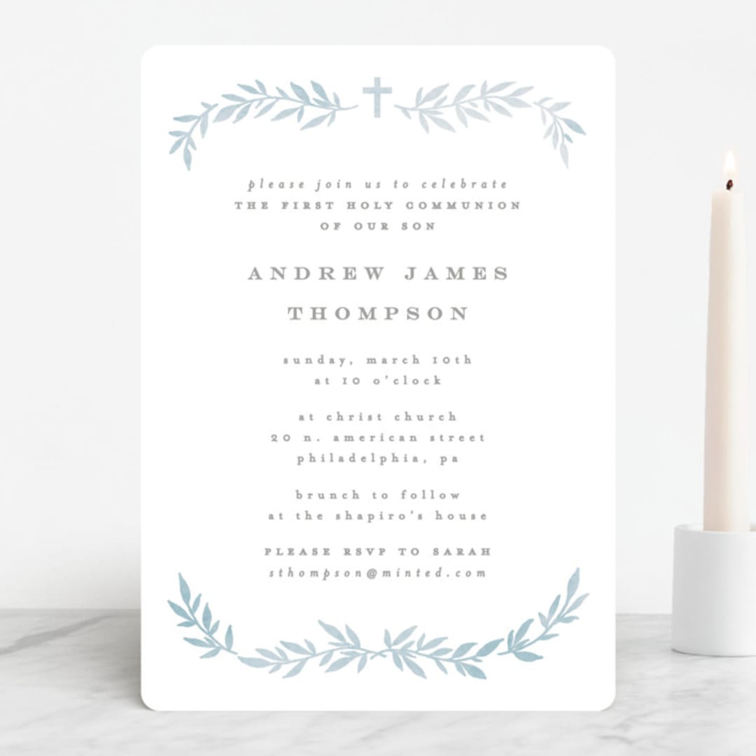 "Simple Foliage" - First Holy Communion Invitations in Mist by Everett Paper Goods - Front