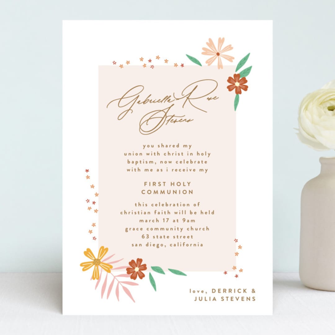 "Blooms" - First Holy Communion Invitations in Peach by Phrosné Barwood - Front