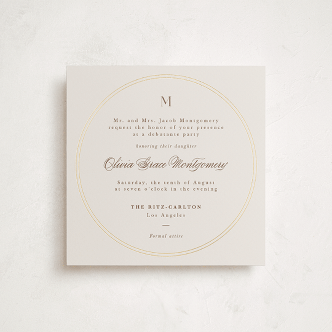 "Twin Circle" - Foil-Pressed Debutante Party Invitations in Chardonnay by Adelyn T. - Front