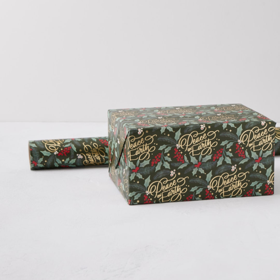 "Peace on Earth Florals" - Wrapping Paper Roll in Holly by Kristen Smith