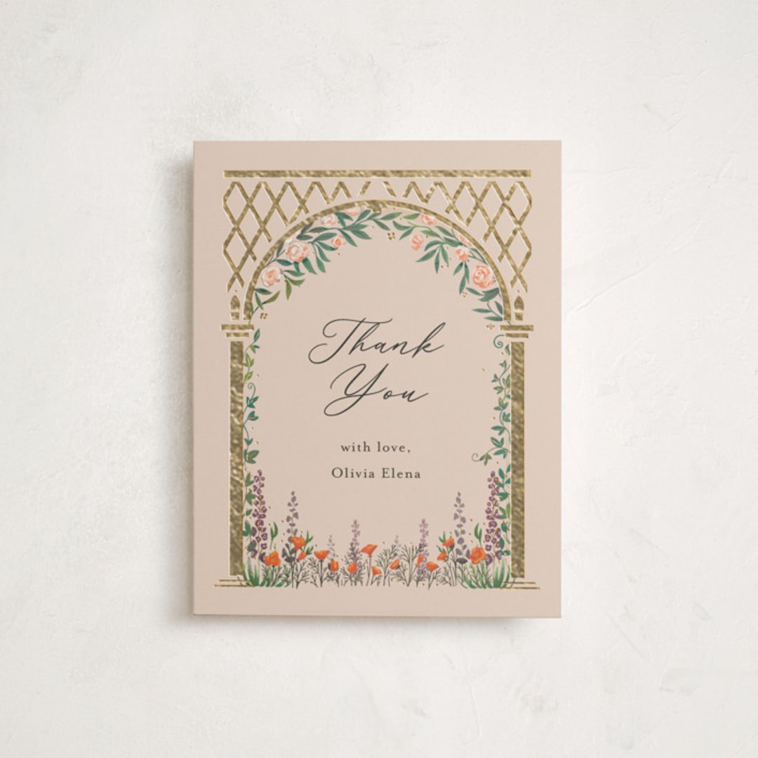 "Victorian Trellis" - Flat Foil-Pressed Graduation Thank You Cards in Sand by Becky Nimoy - Front