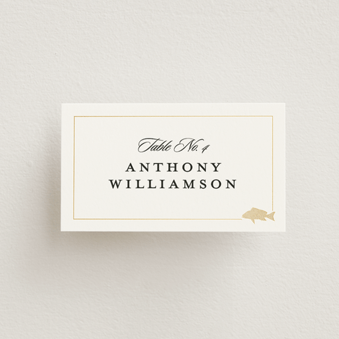 "Foil Meal Silhouettes" - Foil-Pressed Place Cards - Fish in Vanilla by Stacy Maalouf - Front with Free Guest Printing
