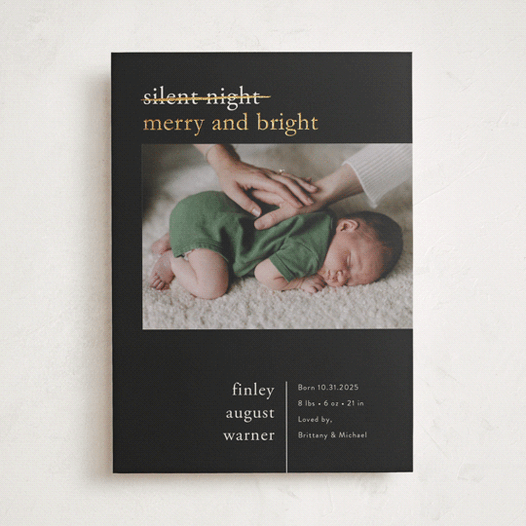 "Merry Nights" - Holiday Birth Announcement Cards in Midnight by Pink House Press - Front