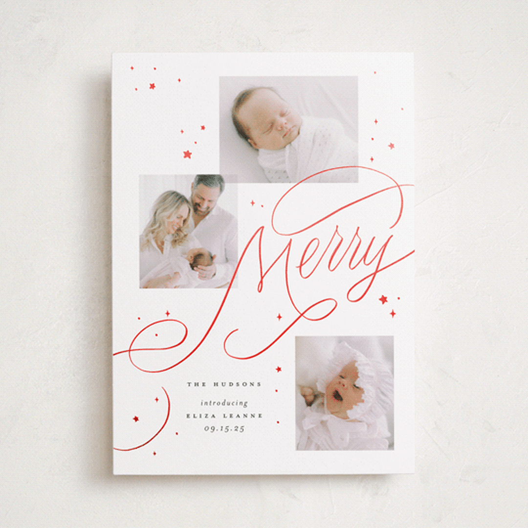 "Newborn Starlight" - Holiday Birth Announcement Cards in Snowfall by Erin L. Wilson - Front