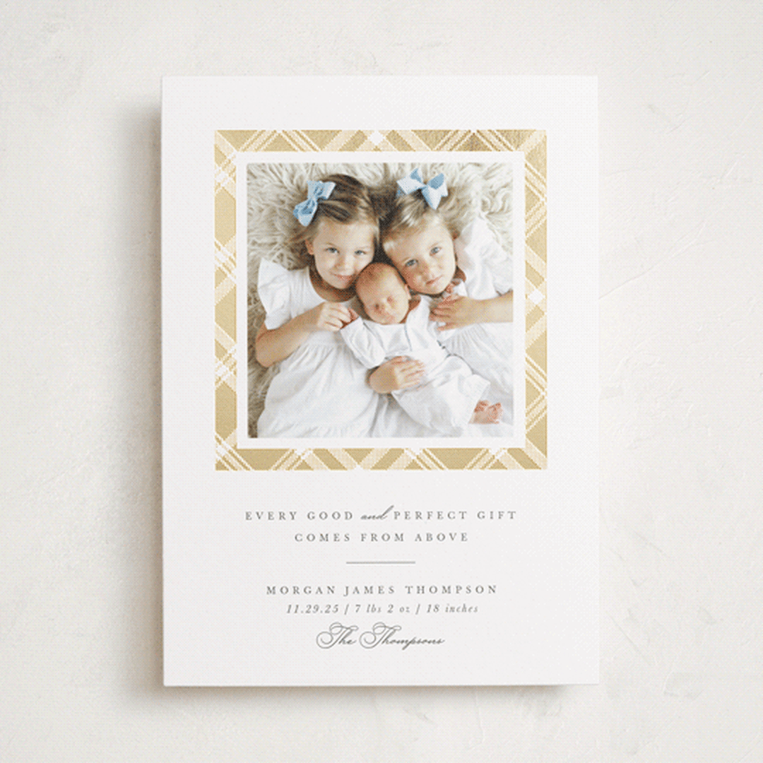 "Every Good Gift" - Holiday Birth Announcement Cards in Snowball by Robert and Stella - Front