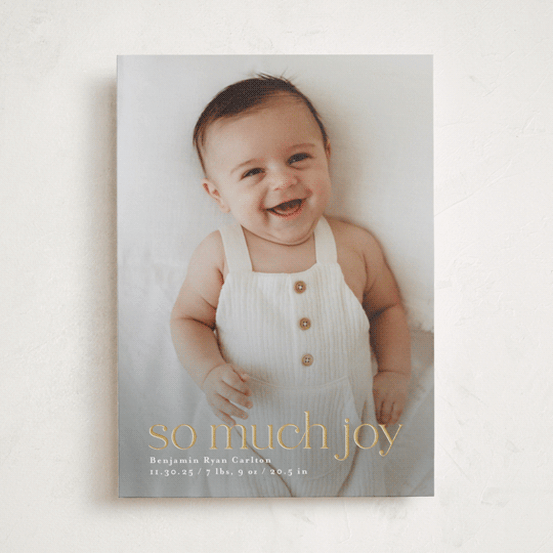 "Baby Joy" - Holiday Birth Announcement Cards in Snowfall by Mary Kay Garttmeier - Front