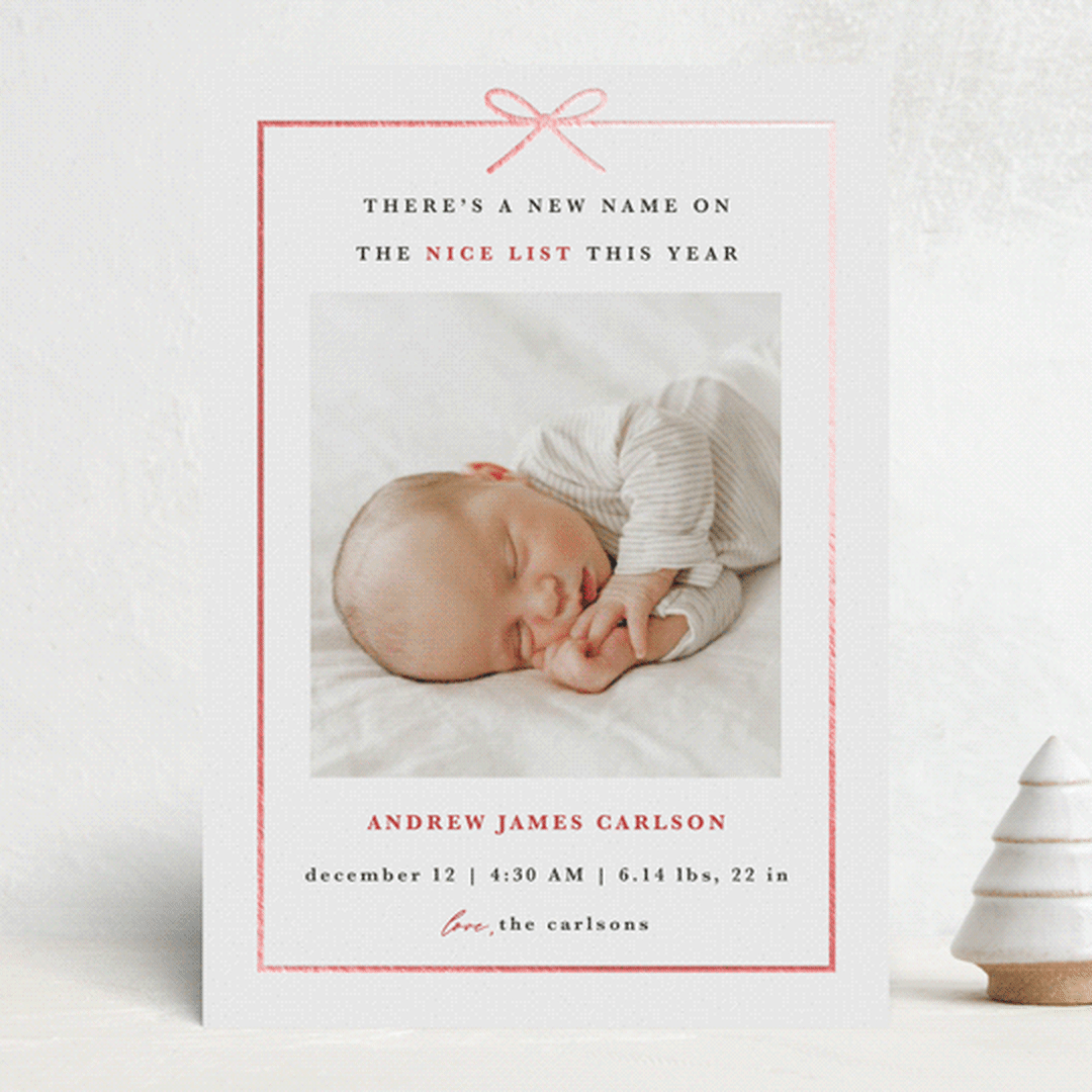 "Santa Says" - Holiday Birth Announcement Cards in Candy Cane by Maria Alou - Front