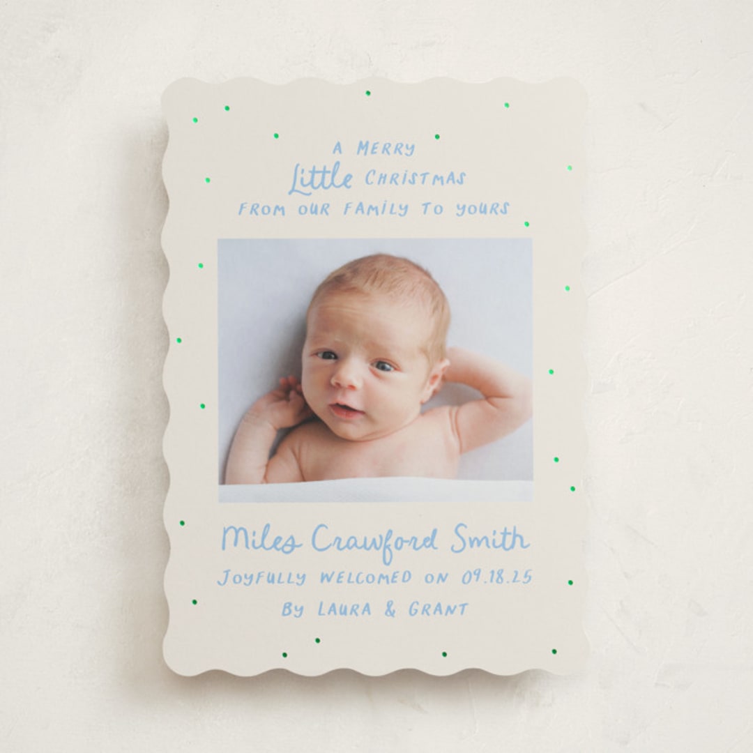 "Little Merry" - Holiday Birth Announcement Cards in Powder by Megan Davis - Front
