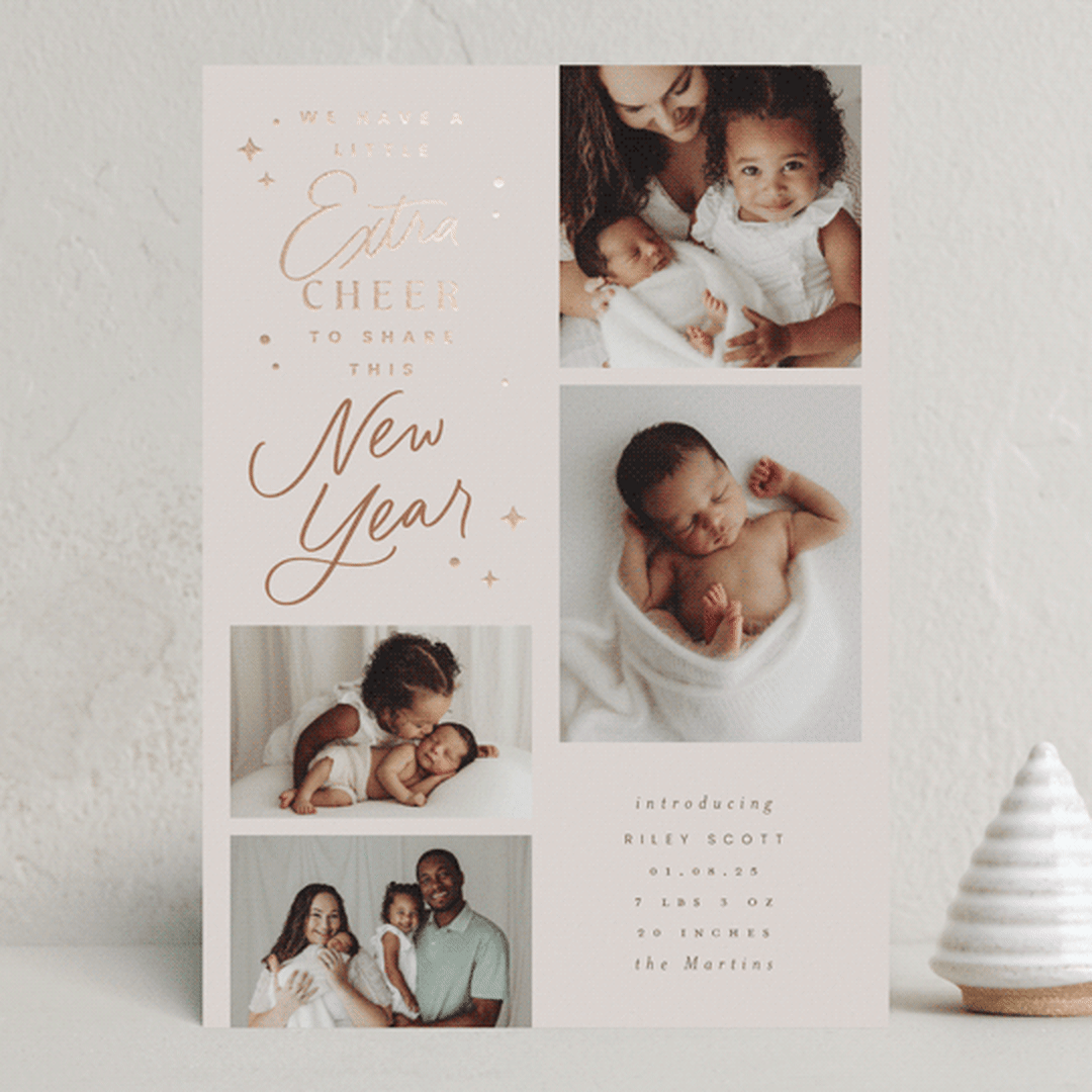 "Extra Cheerful" - Holiday Birth Announcement Cards in Biscuit by Everett Paper Goods - Front