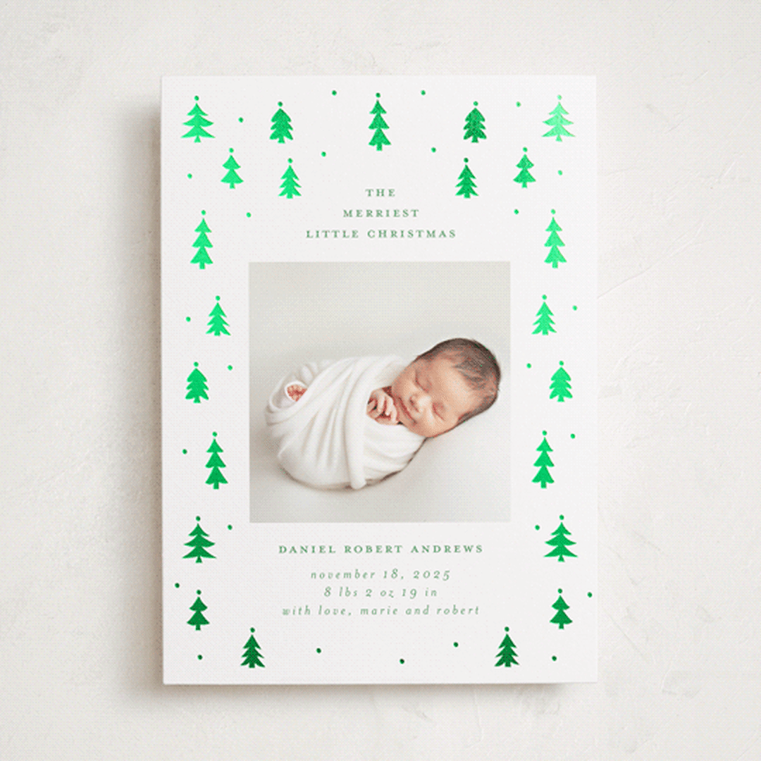 "Merry Little Trees" - Holiday Birth Announcement Cards in Icicle by Jennifer Holbrook - Front