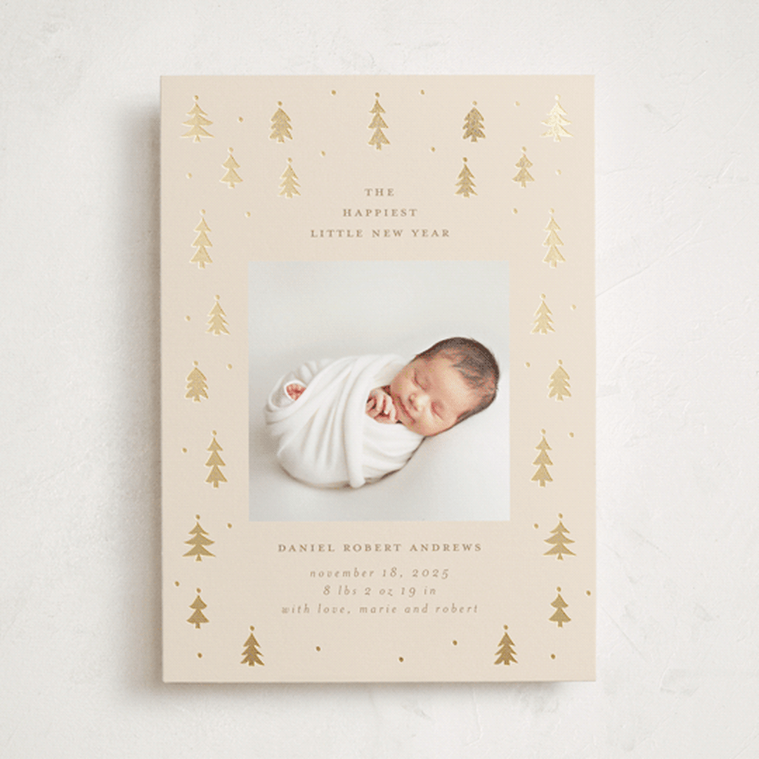 "Merry Little Trees" - Holiday Birth Announcement Cards in Candlelight by Jennifer Holbrook - Front