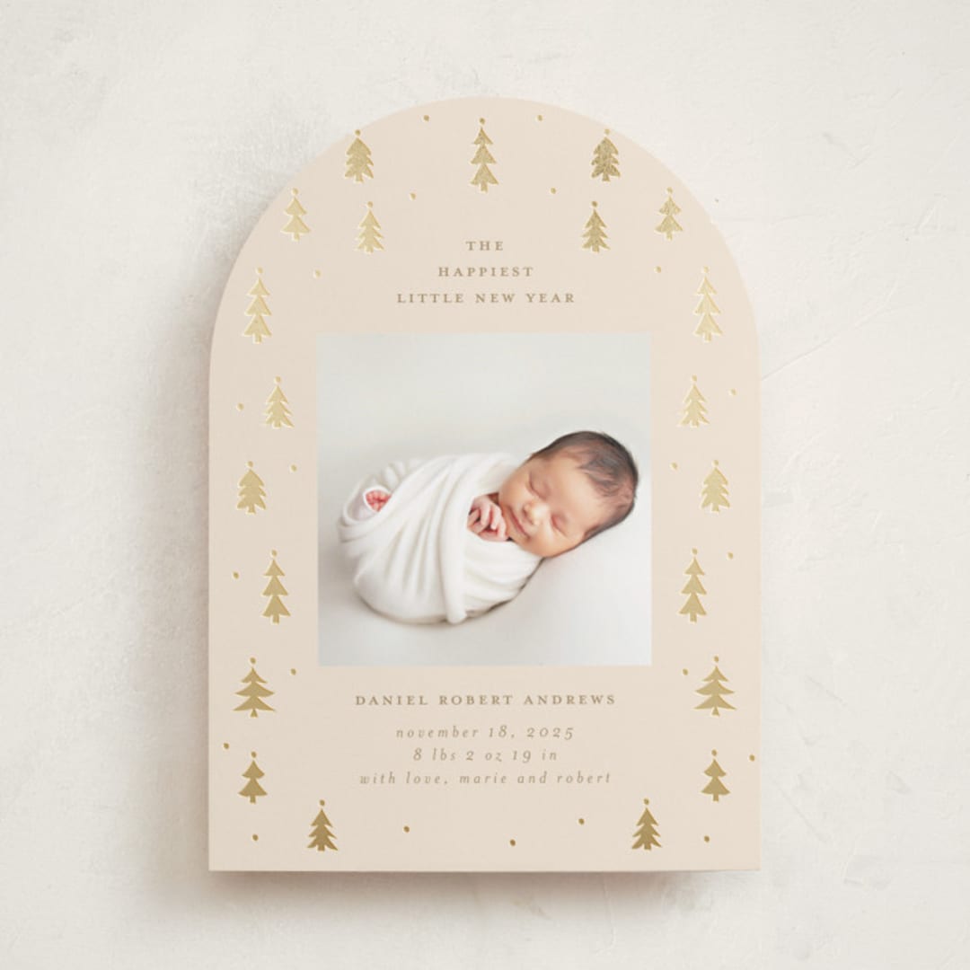 "Merry Little Trees" - Holiday Birth Announcement Cards in Candlelight by Jennifer Holbrook - Front