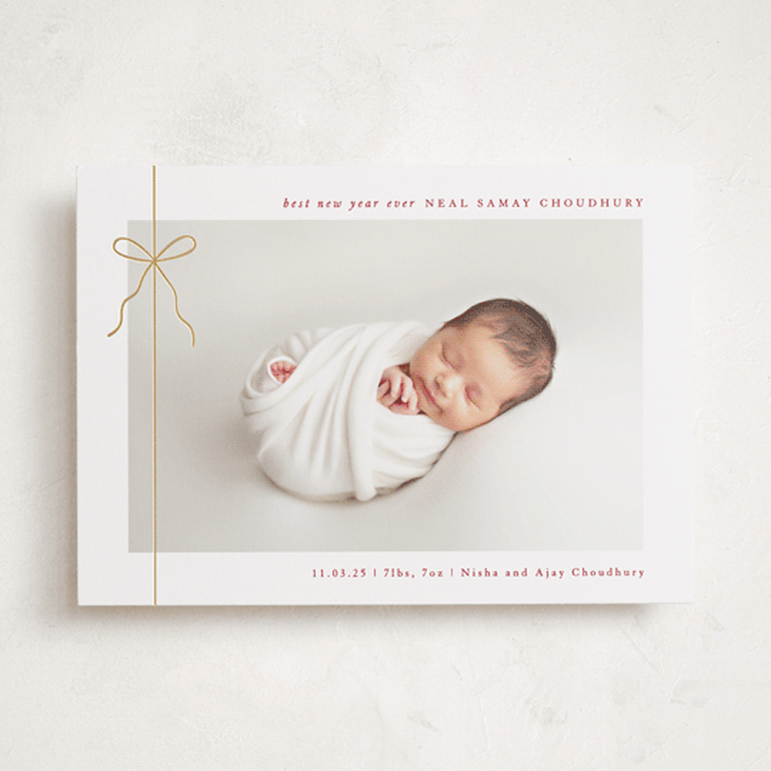 "Crisp Bow" - Holiday Birth Announcement Cards in Cranberry by Olivia Raufman - Front
