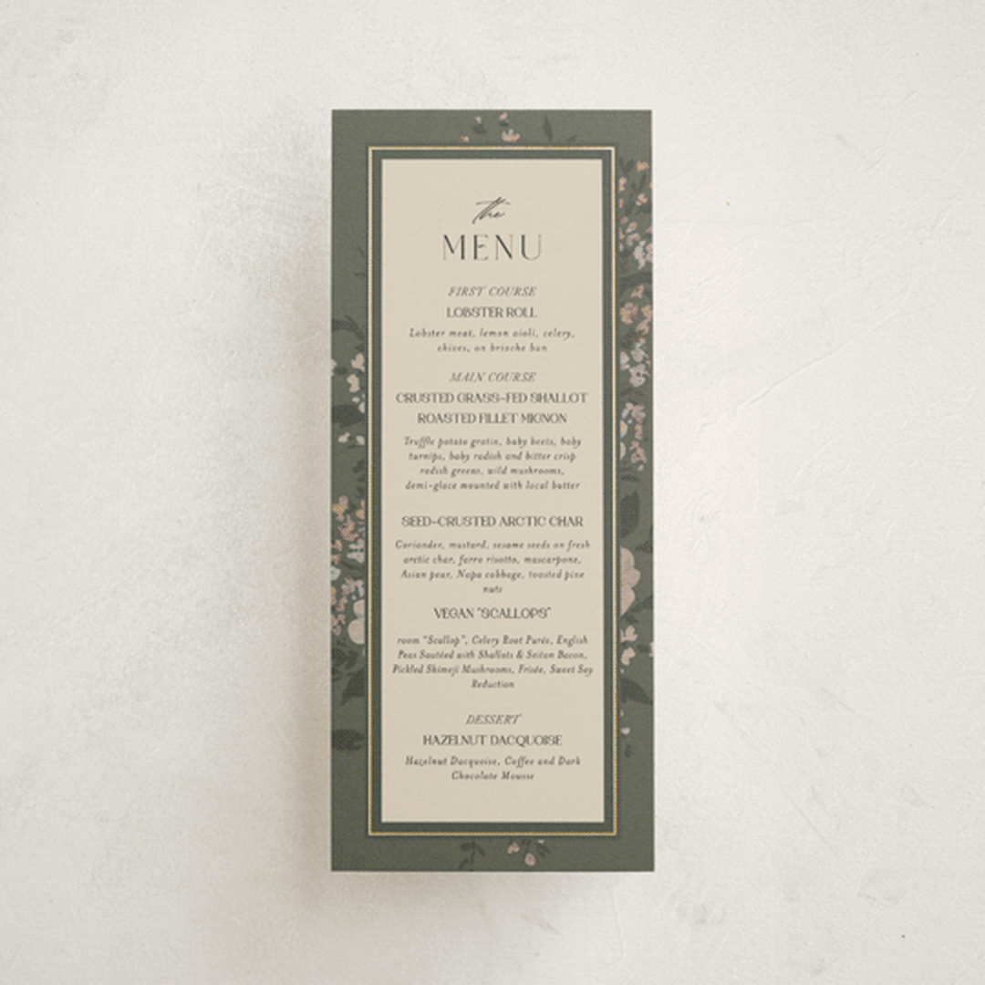 "Madison" - Foil-Pressed Menus in Thyme by Itsy Belle Studio - Front