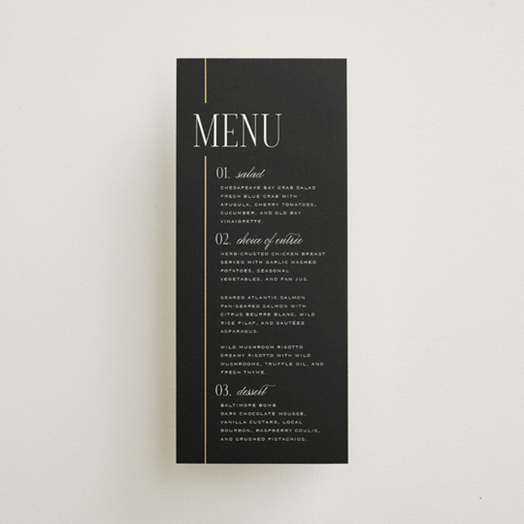 "Linear" - Foil-Pressed Menus in Silk by Laura Hankins - Front