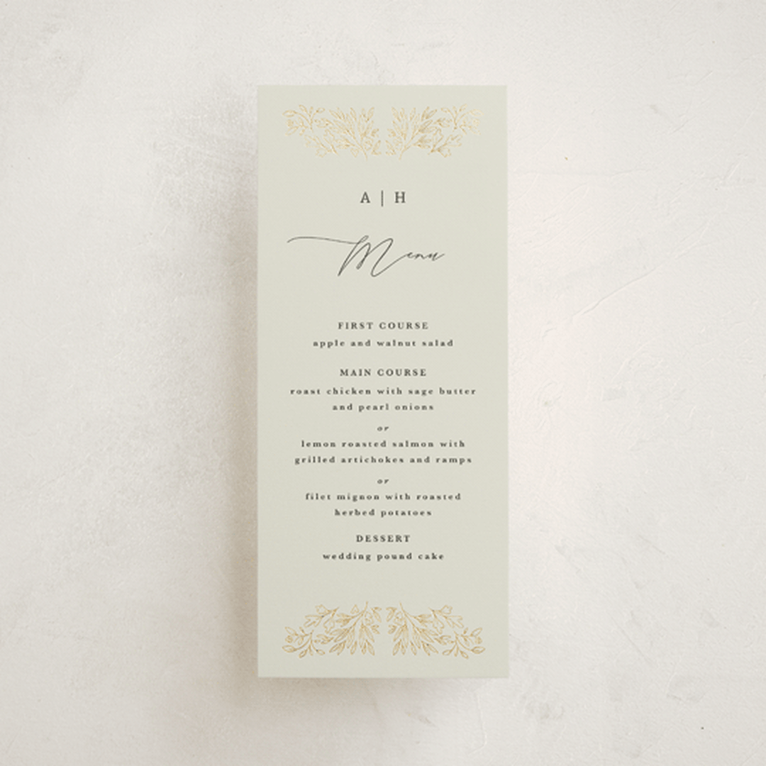 "Foil Botanical Frame" - Foil-Pressed Menus in Taupe by Hannah Williams - Front