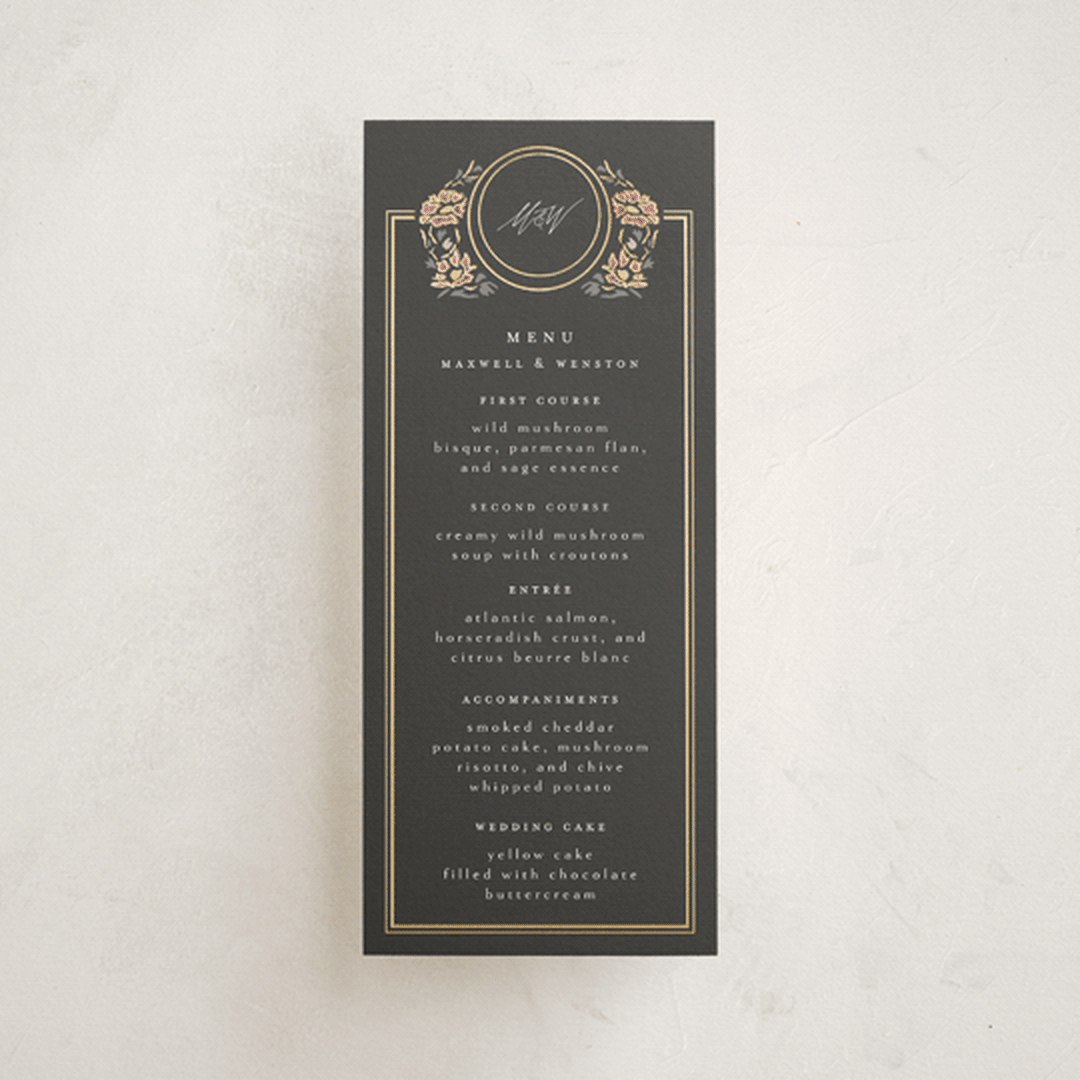 "Timeless Nature" - Foil-Pressed Menus in Ebony by Ana de Sousa - Front