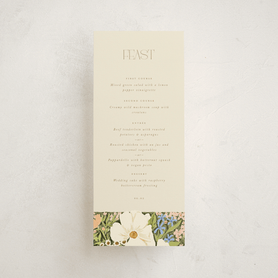 "In The Garden" - Foil-Pressed Menus in Sherbert by Leah Bisch - Front