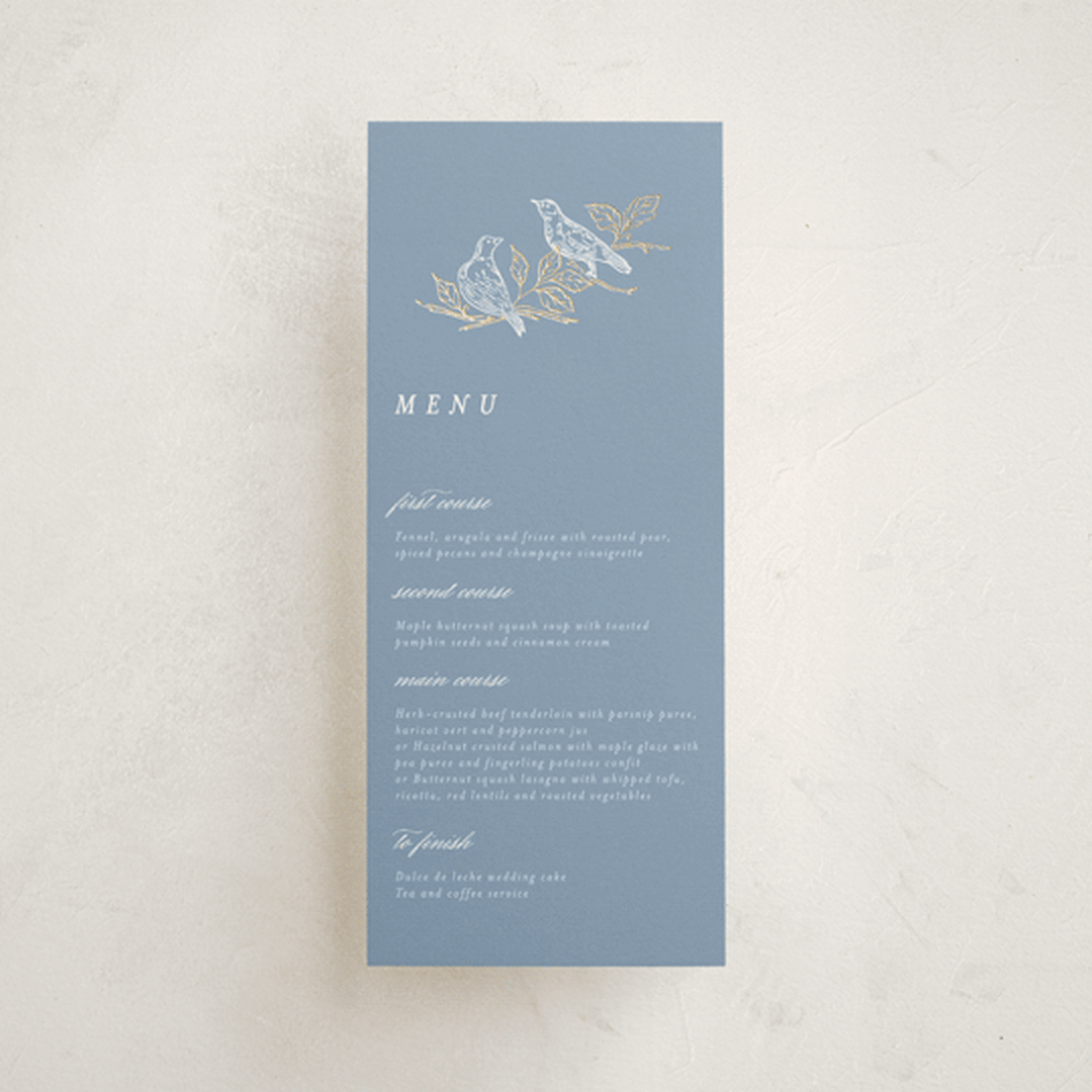 "meet me in the garden" - Foil-Pressed Menus in Cornflower by Grae - Front