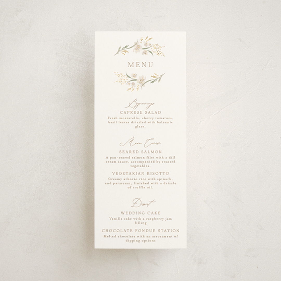 "Meadow" - Foil-Pressed Menus in Spring Mist by Erin L. Wilson - Front