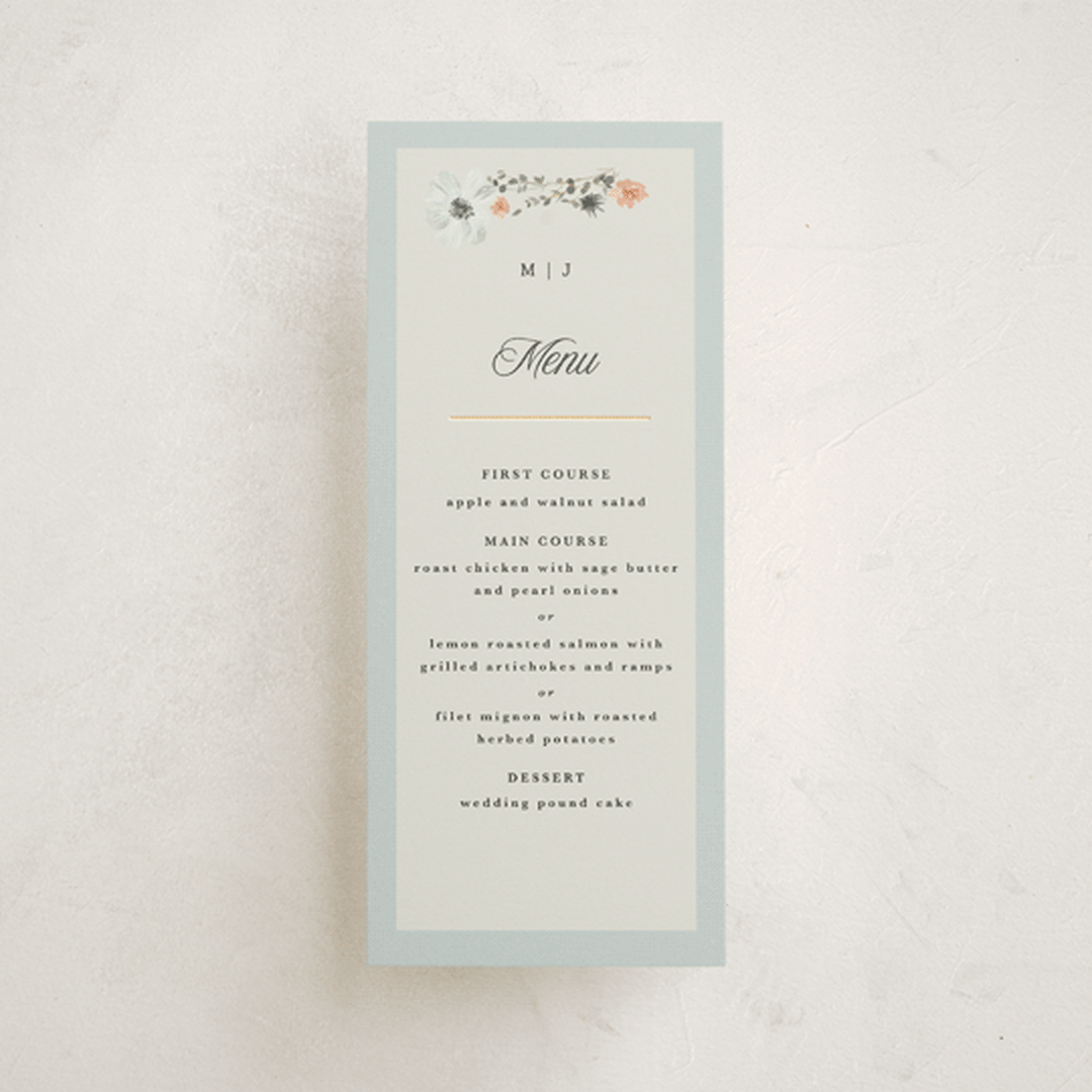 "Blue Garden" - Foil-Pressed Menus in Mist by Hannah Williams - Front
